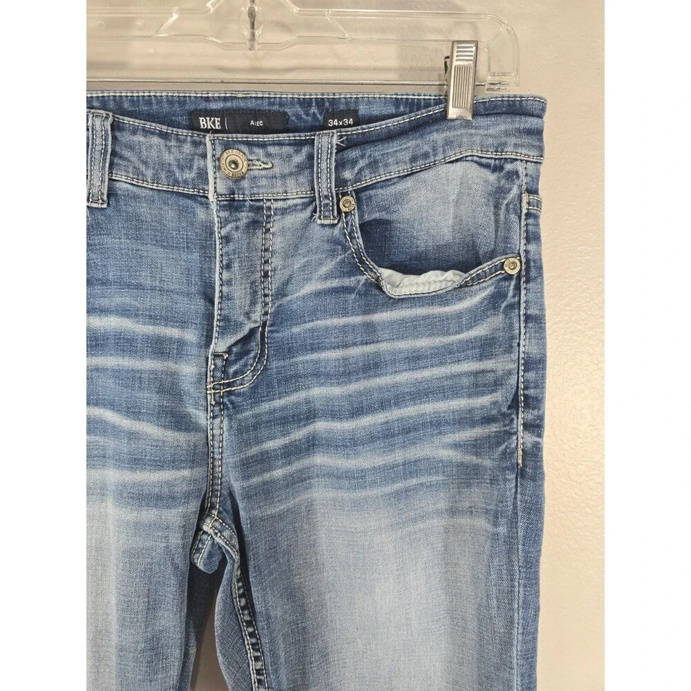BKE Alec Mens Medium Wash Straight Leg Denim Jeans whiskered y2k 34x33 BO